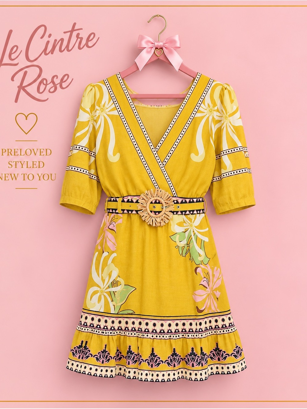 CIEBON Yellow Floral Wrap-Style Casual Dress